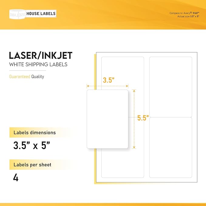 HOUSELABELS 4-up Shipping Labels (3-1/2" x 5") for Laser and Inkjet Printers, 200 Sheets