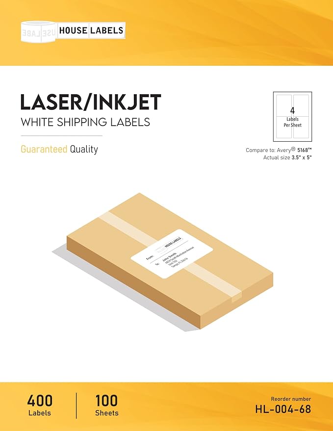 HOUSELABELS 4-up Shipping Labels (3-1/2" x 5") for Laser and Inkjet Printers, 2300 Sheets
