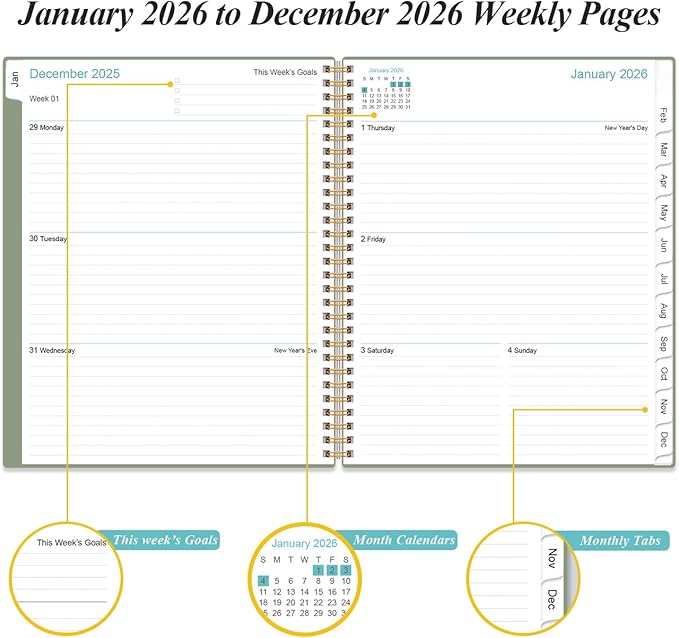 2026 Planner - Academic Planner 2026 from January 2026 to December 2026 with 12 Monthly Tabs, Flexible Cover, Inner Pocket, 8.5" x 11", Green