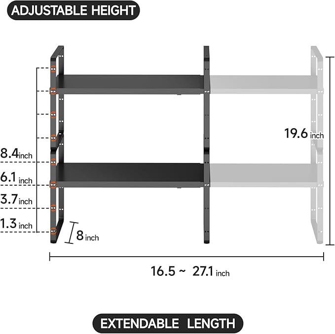 jkxoo 2Pack 16.5-27’’L Expandable Cabinet Shelf Organizers, Stackable Metal Shelves Extender for Kitchen Countertop Storage, Adjustable Spices Shelves Rack Stand for Cupboard Pantry, Black