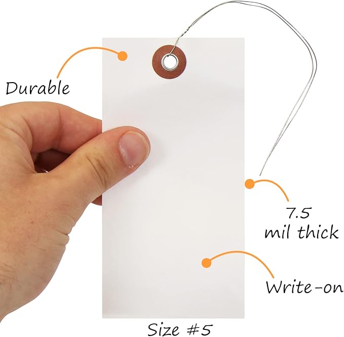 SmartSign (Pack of 100) Blank White Shipping Tags with Wires, 4.75 x 2.375 inch (Size-5), Metal Eyelet, 7.5 mil HDPE Plastic, Writable, Made in USA