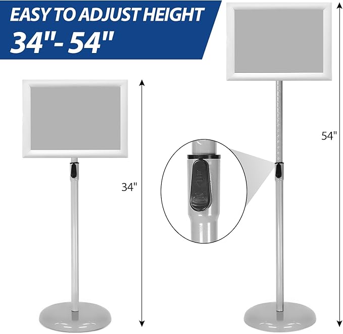 SENZHIYI Adjustable Poster Stand Holder Heavy Duty Snap Open Aluminum Pedestal Floor Standing Sign Holder Vertical and Horizontal View Sign Displayed, 11x17 Silver（2pack