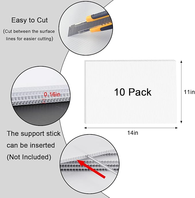 Poster Board 11" x 14", 10 Pack White Corrugated Plastic Board, 3/16 Inches Thick Double-Sided Poster Sheets for School Projects, Craft, Art, Waterproof Blank Yard Signs for Outdoor
