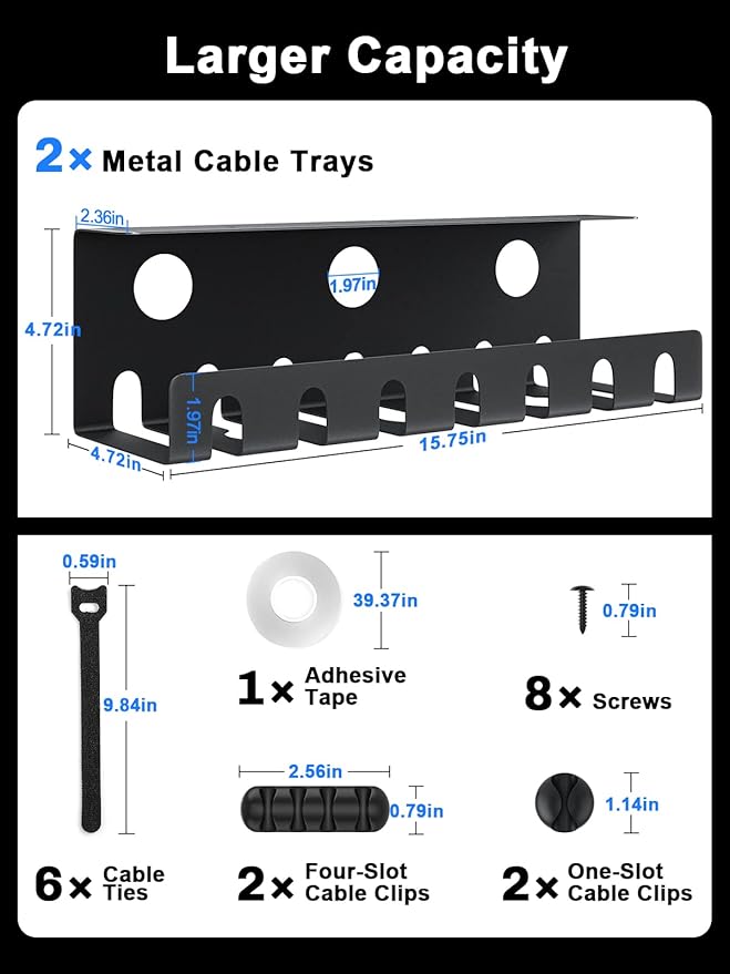 Delamu 2 Pack Metal Under Desk Cable Management Tray, U Channel Cord Organizer Box, Office Under Desk Cord Organizers, Cable Management with Various Accessories, Black, 15.75 Inches