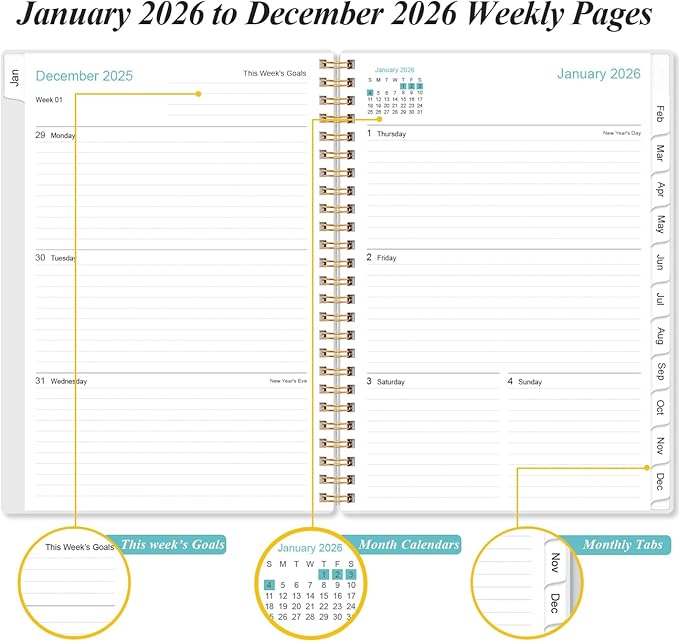 2026 Planner - A5 Weekly & Monthly Planner Spiral Bound, January 2026 - December 2026, with Flexible Cover, Tabs, Inner Pocket, 6.4" x 8.5", Rose Leaf