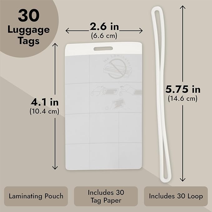 Juvale Self-Laminating Luggage Tags for Suitcases - 4.1 x 2.6 in Clear, Pack of 30 - Bulk Bag Tags with EVA Loops & DIY Paper Inserts - Business Card Luggage Tag