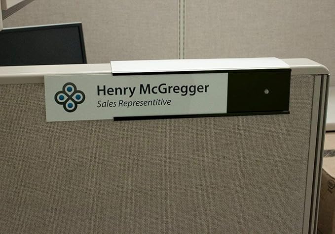 Over the Cube The Original Quality Aluminum, Changeable Cubicle Nameplate Holder, Satin Silver Base, and Matte Black Name Plate Holder, (2.25" cubicle wall depth) - Made in the USA