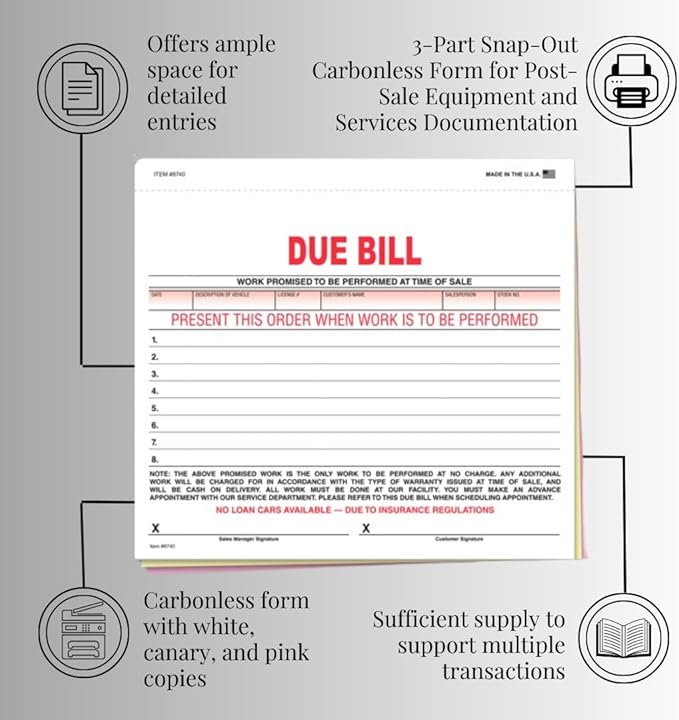 Vehicle Due Bill Form - 3-Part Carbonless Snap-Out 8.5 x 7.75 Car Dealership Service Agreement Forms, Auto Repair Vehicle Documentation Forms NCR - White, Canary, Pink - Pack of 400
