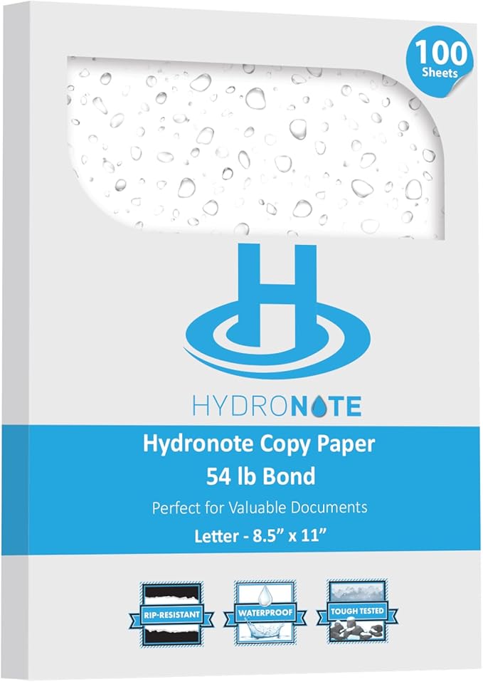 TerraSlate Waterproof Paper - Hydronote 54lb Multipurpose Copy Paper 8.5” x 11”, 100 Sheets, Inkjet Printer and Laser Printer Paper Compatible - Weather/Rain Proof, Durable, White Paper