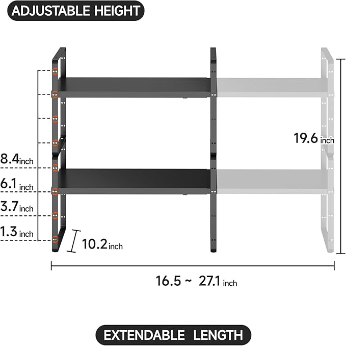 jkxoo 2Pack 16.5-27’’L Expandable Kitchen Shelf Organizer, Stackable Shelves Organizer, Adjustable Height Pantry Spice Rack for Cabinet, Countertop, Pantry and Cupboard, Black