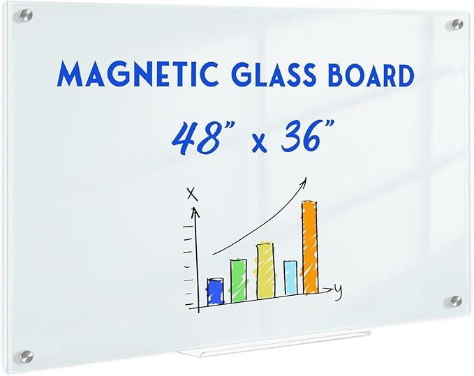 Magnetic Glass Whiteboard, 4' x 3' Glass Dry Erase Board for Wall, 48" x 36" Large Frameless White Board with 1 Marker Tray and 3 Magnets for Office, Home, Classroom - Normal White