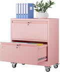 METAN Upgrade 2 Drawers Lateral File Cabinet on Wheels,Steel Office Filing Storage Cabinet with 2 Locks,Assembly Required,Pink