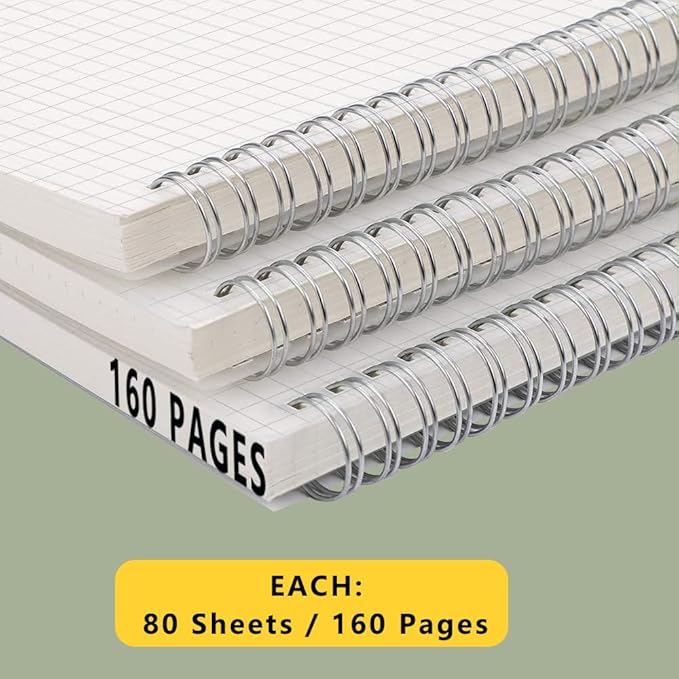 WRENBEN 3PCS Graph Grid 120GSM Thick Paper Spiral Notebooks with Removable Elastic Bands, Medium Size Graphing notebook 5.7" x 8.3" (A5, Grid)