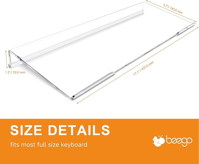 BEEGO Ergonomic Computer Keyboard Stand - Clear Acrylic Keyboard Riser Tilted Keyboard Holder Keyboard Tray with White Non-Slip Strip for Easy Typing at Home School Office Desk Accessories