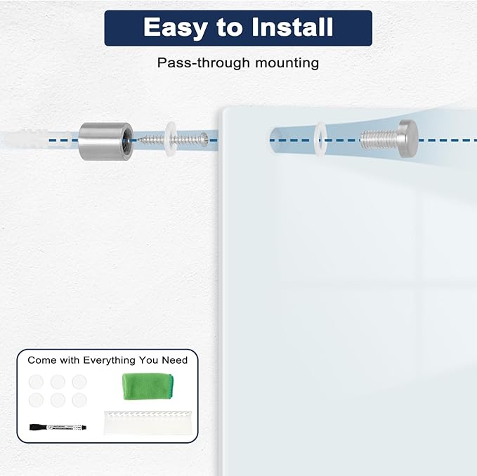 Magnetic Glass Whiteboard, 4' x 3' Glass Dry Erase Board for Wall, 48" x 36" Large Frameless White Board with 1 Marker Tray and 3 Magnets for Office, Home, Classroom - Normal White