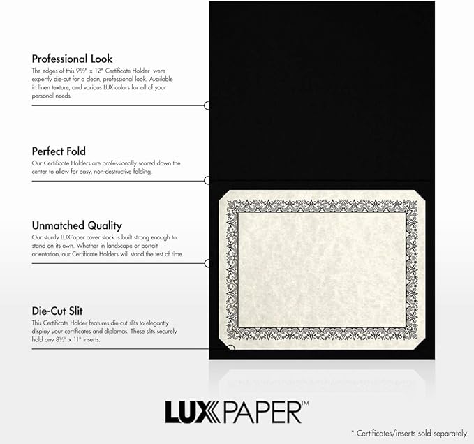 LUXPaper 9.5" x 12" Certificate Holders | Black Linen | Embossed Gold Foil Border | 100lb. Cover | 50 Qty