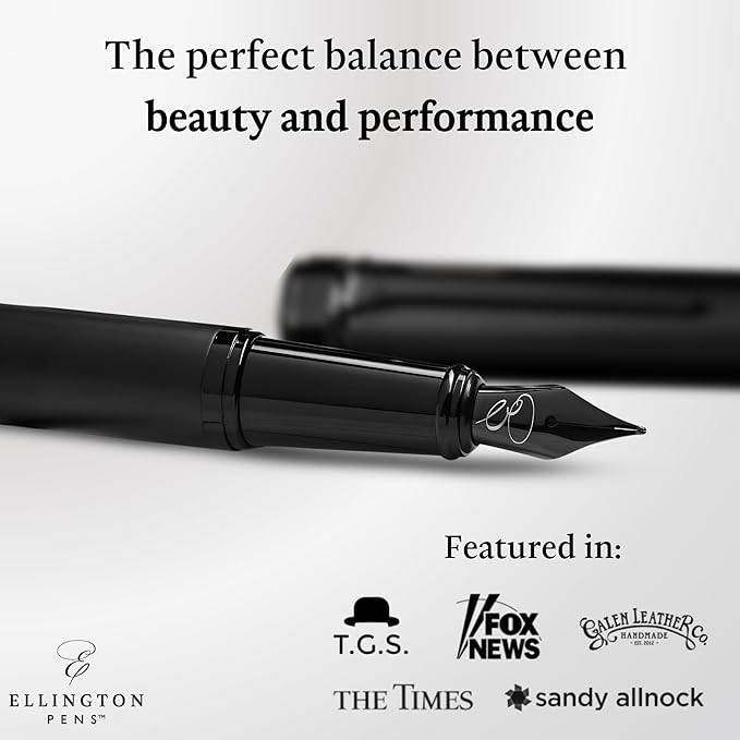 Ellington Pens Luxury Fountain Pen Set - Extra Fine Nib - Includes 3 Ink Cartridges, Refillable Ink Converter, Gift Box - Fountain Pens For Writing, Calligraphy, Journaling, Sketching (The Stealth)
