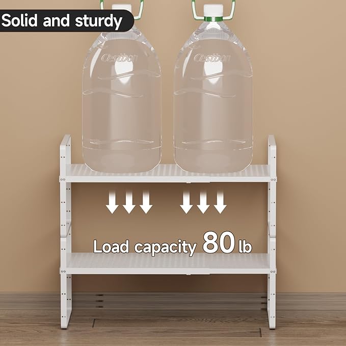 jkxoo 2Pack Expandable Cabinet Shelf Organizers, Stackable Metal Shelves Extender for Kitchen Countertop Storage, Adjustable Spices Shelves Rack Stand for Cupboard Pantry, White