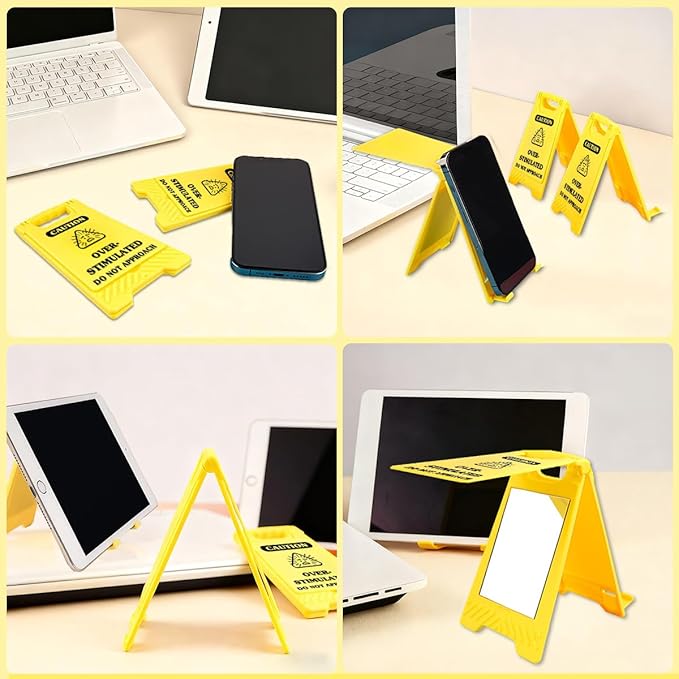 Funny Office Desk Accessories,Office Cubicle Decor Gift for Coworker HR Home Workspace Phone Holder Mirror Acrylic Table Signs,Work Humor Stress Relief Caution Desk Decor (Caution Overstimulated)