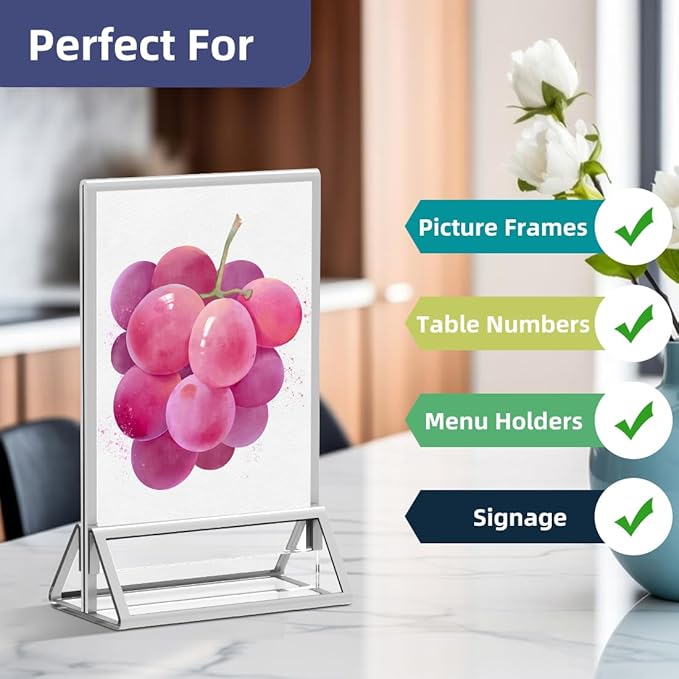PPH-Sisy Clear Acrylic Sign Holder 4X6 with Silver Borders Display Stand, Double Sided Acrylic Picture Frames Plastic Sign Holder for Wedding Table Numbers Menu Holder (6 Pack)
