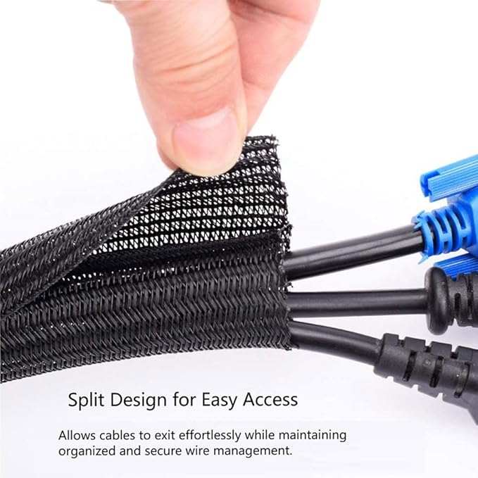 QCSIW 25ft – 1" Split Braided Cable Sleeve – Self-Wrapping Wire Loom Cord Protector for Power Cords, PC, TV, Automotive, and Audio Cable Management – Flexible Cable Organizer – Black