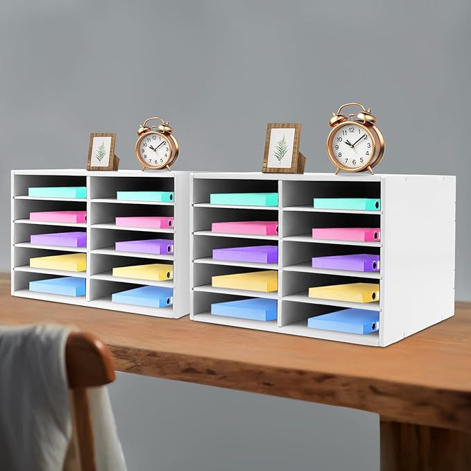 SNWJIAYIN 2Pcs 10 Slot Paper Storage Cabinets, Desktop File Organizer with Adjustable Shelves, Vertical Literature Sorter for Office Home Classroom (White)