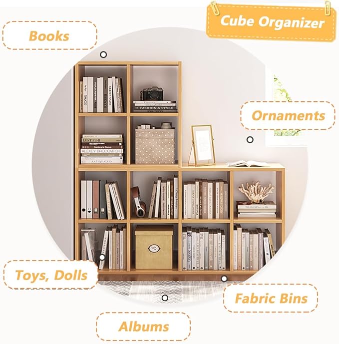 NELYE 6 Cube Organizer Bookcase - Fabric Storage Bins Container, Open Shelf Simple Compartments Bookshelf, Oak