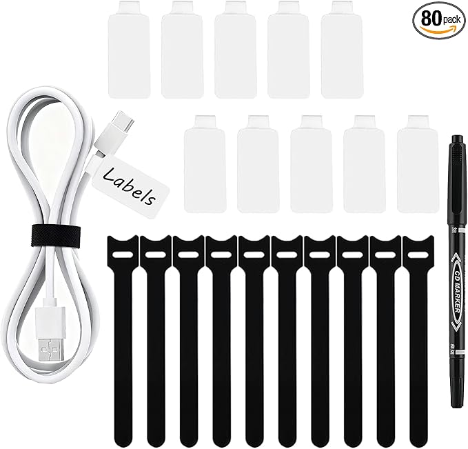 80-Pack Reusable Cable Labels & Cord Ties Kit – Write-On Wire Labels, Snap Ties + Dual-Tip Marker for Home Office Electronics Organization | Cable Tags, Cord Labels & Wire Markers Included