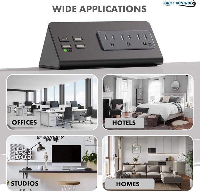 Kable Kontrol Desk Clamp Power Strip with USB-C Port, Nightstand Charging Station, 3 AC Outlets, 3 USB-A Ports, Fast Charger, Easy Installation for Home, Offices, Hotels – 4.9 Ft, White, 200 Pcs