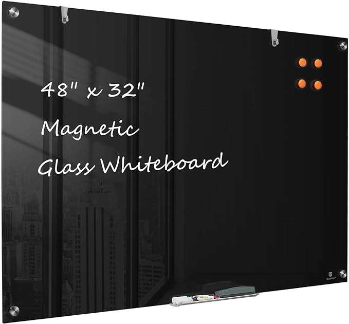 TSJ OFFICE Glass Dry-Erase Board - 48 x 32 Inches Wall Mounted Black Glass Magnetic Whiteboard, Large Frameless White Board for Office, Home & School
