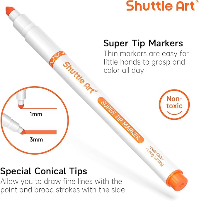 Shuttle Art 312 Pack Washable Super Tips Markers, 12 Assorted Colors Conical Tip Large Markers Bulk with a Box, Bonus Caps, Home Classroom School Supplies for Toddlers Kids Adults Students Teachers