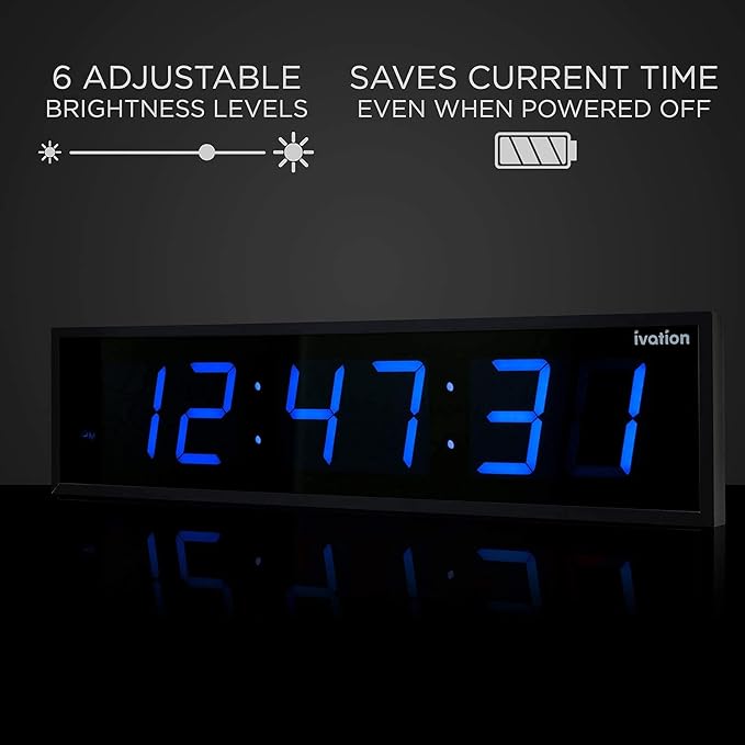 Ivation Huge Oversized 48" Large Digital LED Clock | Big Digital Clock w/Multi-Function Display – Stopwatch, Timer, Alarms, Temp & Date | 6 Brightness Levels, Time Memory & Remote (Blue)
