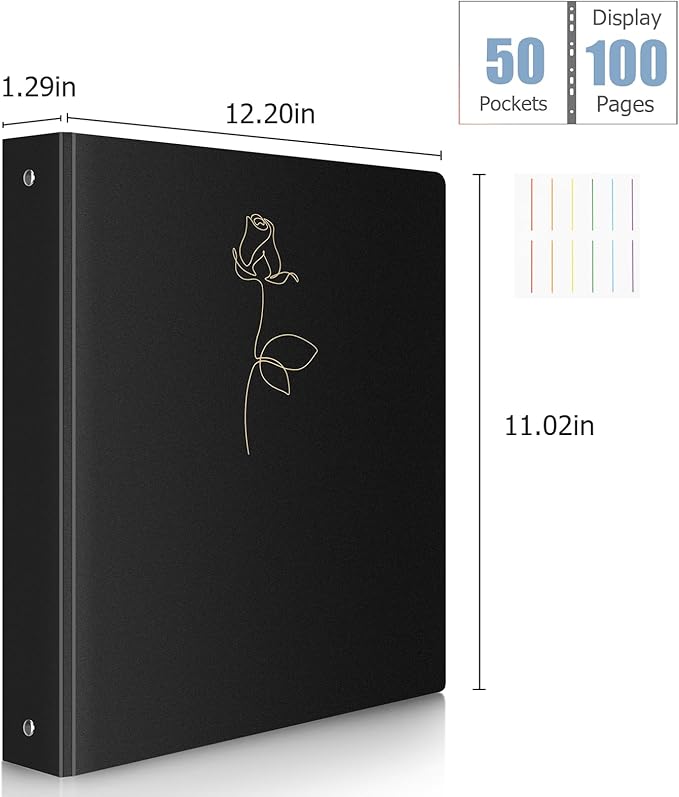 Uquelic 50-Pocket Binder with Plastic Sleeves for Letter/A4 Size(11" x 8.5"), Golden Rose Printed Cover, Document Binder Organizer for Papers, Certificates and Artwork with Rainbow PP Divider Pages