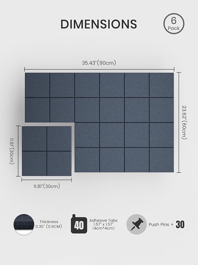 Bumusty Large Cork Board Alternative-36 x24 Felt Bulletin Board Tiles, with 30 Pushpins, 40 Adhesive Tabs, 6-Pack Slat Wall Paneling, Cork Boards for Office Push Pin Felt Board-Deep Charcoal Blue