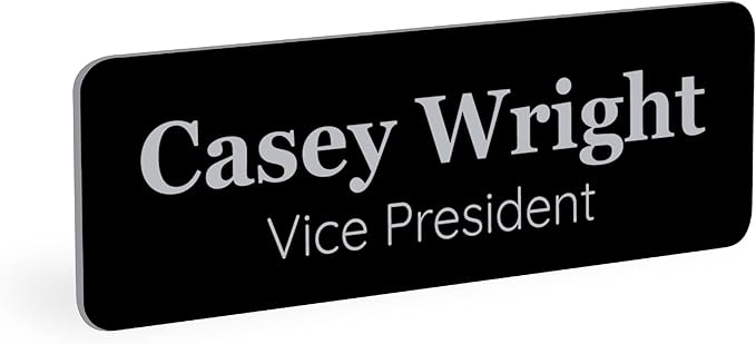ExcelMark Custom Name Tag - Engraved Name Badge with Pin or Magnetic Backing, 16 Colors, 6 Fonts, and 2 Sizes to Choose from (Black w/Silver Letters, 1"x 3")