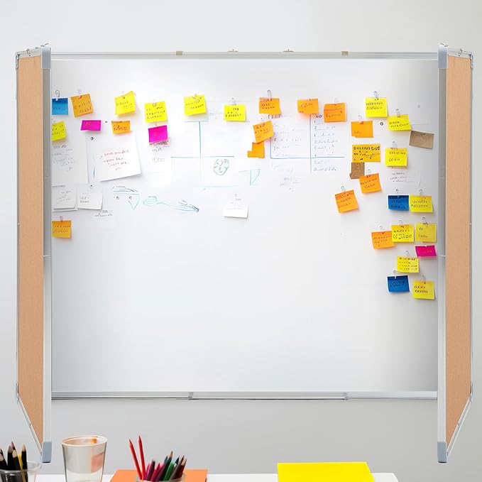 Mooliwe 96"x36" Tri-fold Cork Board Whiteboard Combo, Foldable Combination Magnetic Dry Erase Bulletin Board & Corkboard with Aluminum Frame Wall Mounted for Home, Office and School(Wood)