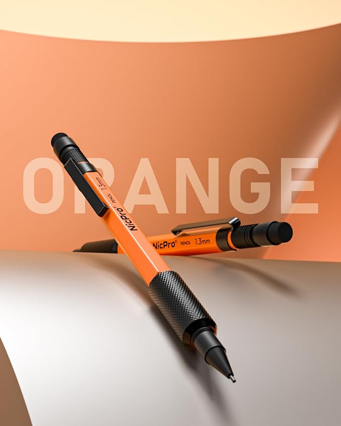 Nicpro 3 PCS 1.3 mm Orange Mechanical Pencils Set with 66 Lead Refill, 3 Eraser - Weatherproof Metal Barrel, Heavy Duty Carpenter Pencil MP2000 for Outdoor Marking Drafting Drawing Woodworking