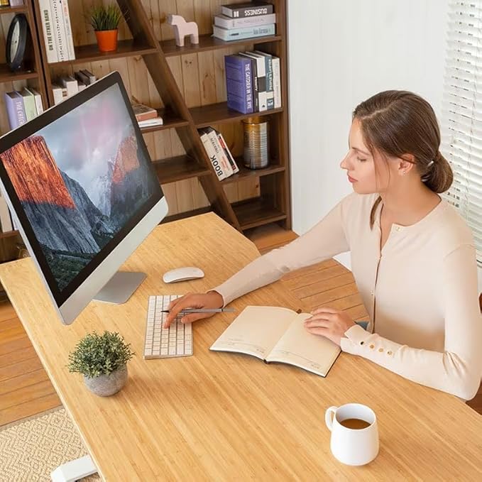 FLEXISPOT EN1 Bamboo Standing Desk, 55 x 28 Inches Whole-Piece Electric Adjustable Height Sit Stand Desk for Home Office (White Frame + Bamboo Curved Desktop, 2 Packages)