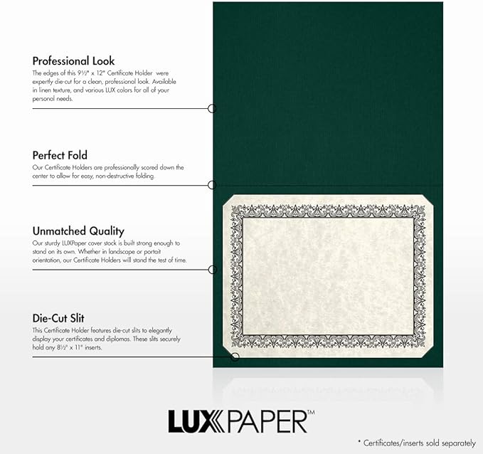 LUXPaper 9.5" x 12" Certificate Holders | Green Linen | 100lb. Cover | 50 Qty