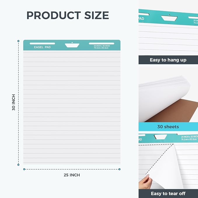 FAHKNS Lined Sticky Easel Pad，Large 25x30 Inch Self-Adhesive Teacher'S Flip Chart Paper, Easel Pad with Dry Erase Surface for Classroom/Office, White, 30 Sheets/Pad, 10 Pads/Pack