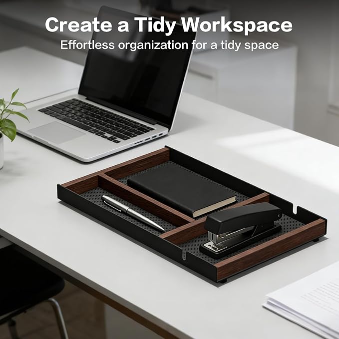 Laetass Desk Drawer Organizer Tray With Removable Magnetic Wooden Strip,Freely Adjustable Space,Made of Aluminum and Walnut,Valet Tray for Mens,Desk Accessories for Office/Home/Nightstand