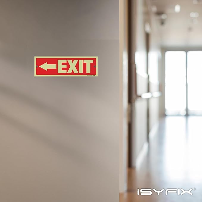 iSYFIX Exit Signs with Directional Left Arrow - 6 Pack 12x4 Inch Glow in the Dark for Business, School, Office, Warehouse - Durable 40 Mil Polystyrene, UV Laminated, Waterproof, Scratch & Fade Resistant
