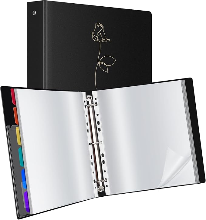 Uquelic 80-Pocket Binder with Plastic Sleeves for Letter/A4 Size(11" x 8.5"), Golden Rose Printed Cover, Document Binder Organizer for Papers, Certificates and Artwork with Rainbow PP Divider Pages