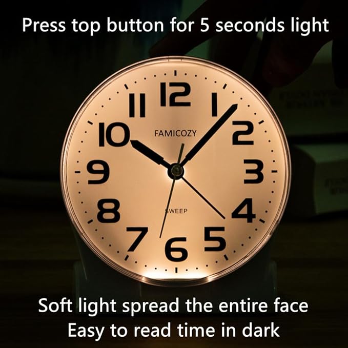 FAMICOZY 4.5" No Ticking Analog Alarm Clock,Silent Readable for Seniors,Easy to Set,Gradual Rise Alarm,Big Numbers,On/Off Switch on Side,Gentle Wake,Snooze Soft Backlight,Battery Operated,White