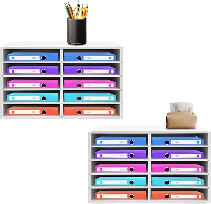 SNWJIAYIN 2Pcs 10 Slot Paper Storage Cabinets, Desktop File Organizer with Adjustable Shelves, Vertical Literature Sorter for Office Home Classroom (White)
