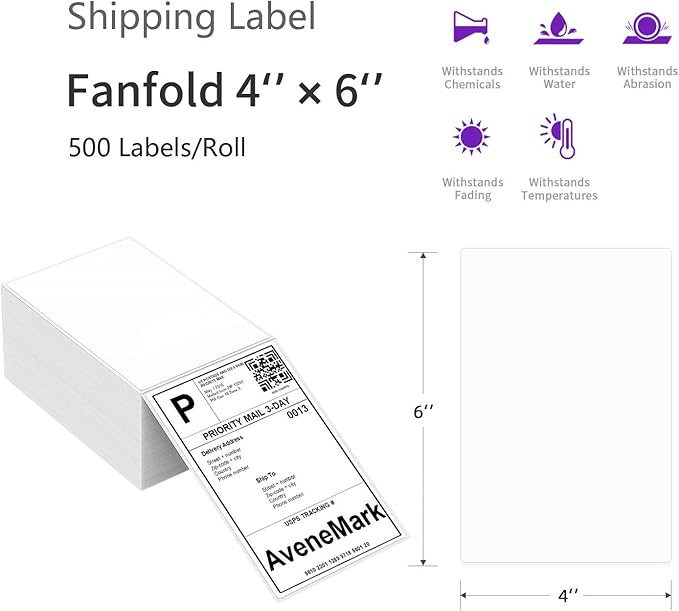 AveneMark 8 Stacks 4000 Labels 4" x 6" Fanfold Direct Thermal Labels, Postage Shipping Labels Paper with Perforated, Strong Adhesive Label for Zebra, Rollo, MUNBYN Thermal Printer,500 Labels per Stack