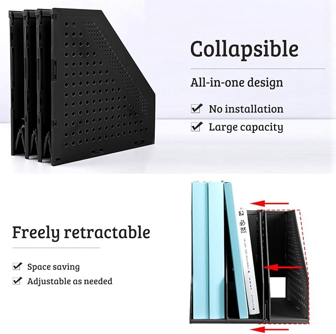 SAYEEC 1Pcs Collapsible Plastic Magazine File Holder Vertical Binder Storage Organizer for Desk Sturdy Upright Desktop Magazine Organizer Folder Rack for Office School Home (3 Compartments, Black)