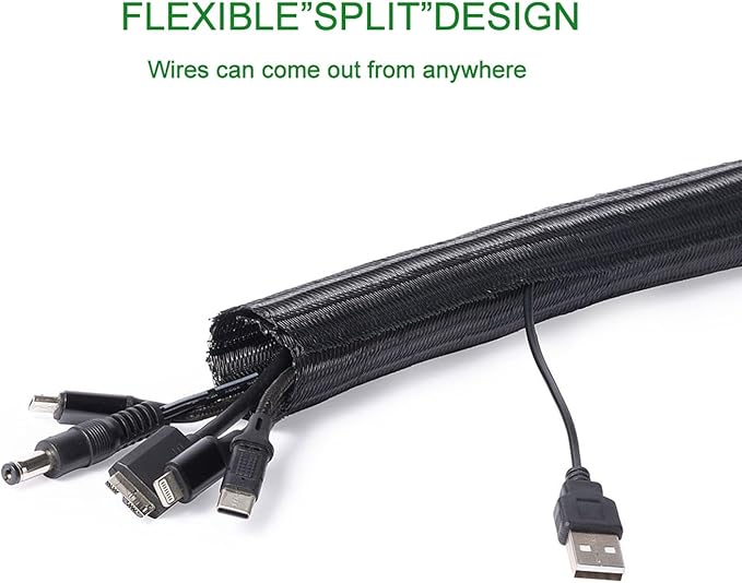 QCSIW 1/2"-10ft*2pcs Black/White Cable Sleeve - Protects Cords from Pets & Organizes Wires - Modern Style - Polyester Material - Flame Retardant - Easy to Use & Cut (Black, 10ft-1/2inch)