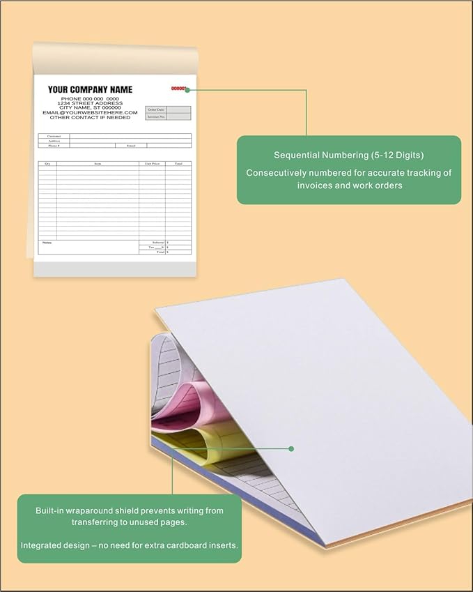 Custom Carbonless Invoice Book with Logo, Personalized Cover & Inner Pages, 2 Part NCR Receipt & Work Order Forms, Easy Tear, Writing Shield for Small Business (2-Part [White/Red], 8.3 x 5.5INCH)