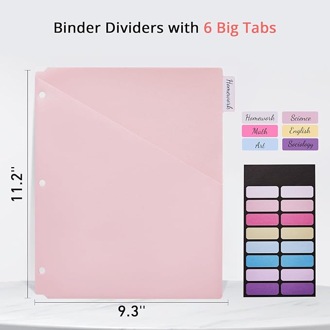 6-Tab Letter Size Dividers for 3 Ring Binder, Wheat Straw Binder Dividers with One Pocket, 6 Pastel Colors, Perfect for School, Office Supplies (2)